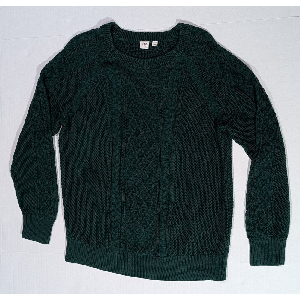 GAP Women's XL Green Cable Knit Sweater Pullover Crew Neck Preppy Fisherman